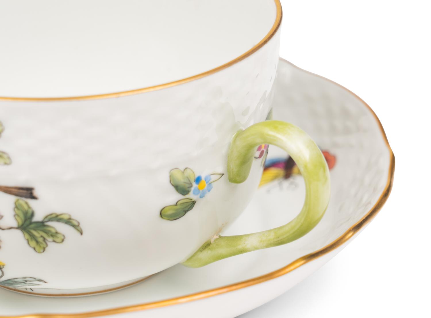 A Set of Ten Herend Rothschild Bird Porcelain Teacups and Nine Saucers