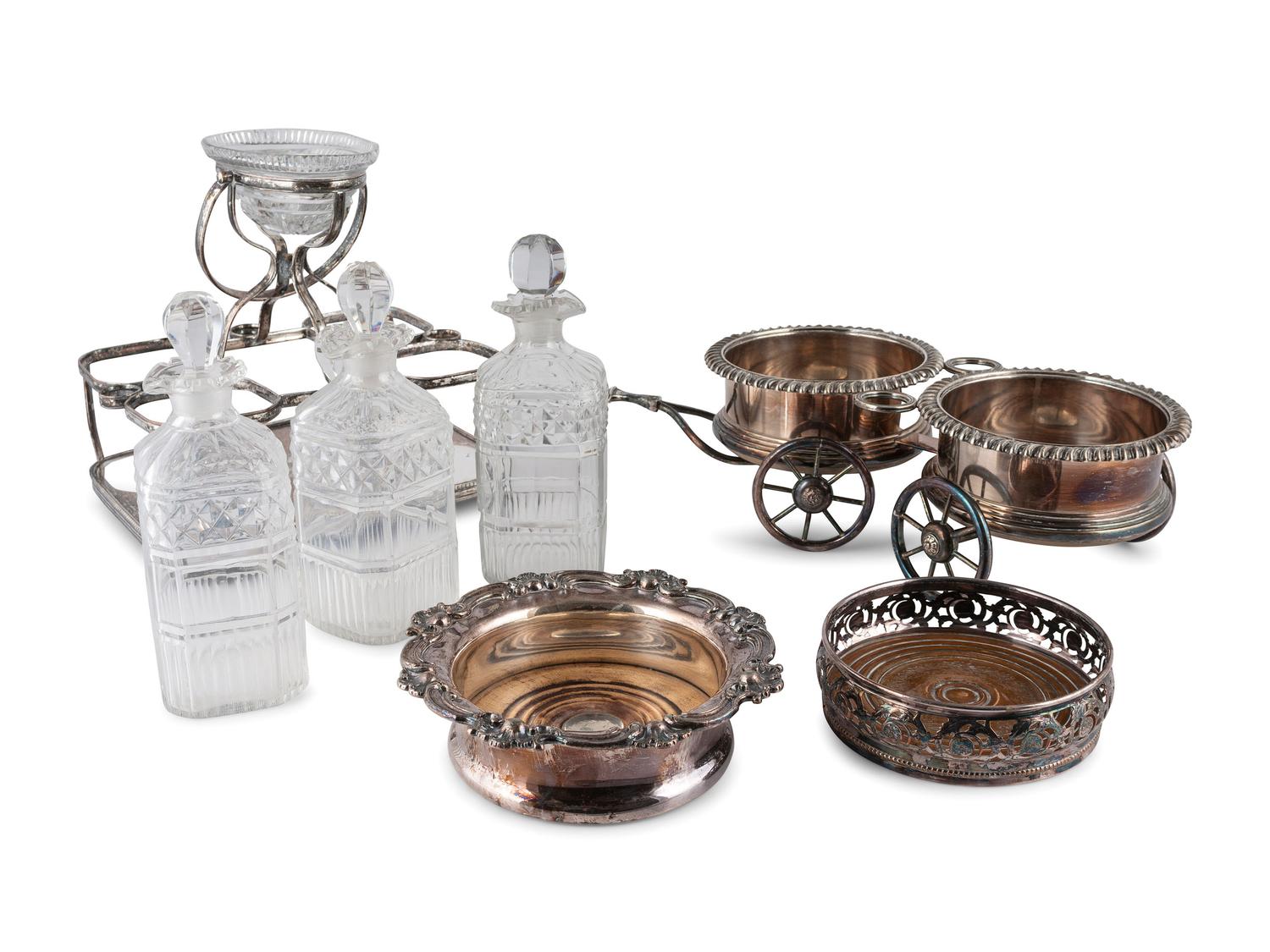 An English Silverplate Wine Trolley, Decanter Caddy, and Two Coasters