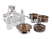 An English Silverplate Wine Trolley, Decanter Caddy, and Two Coasters