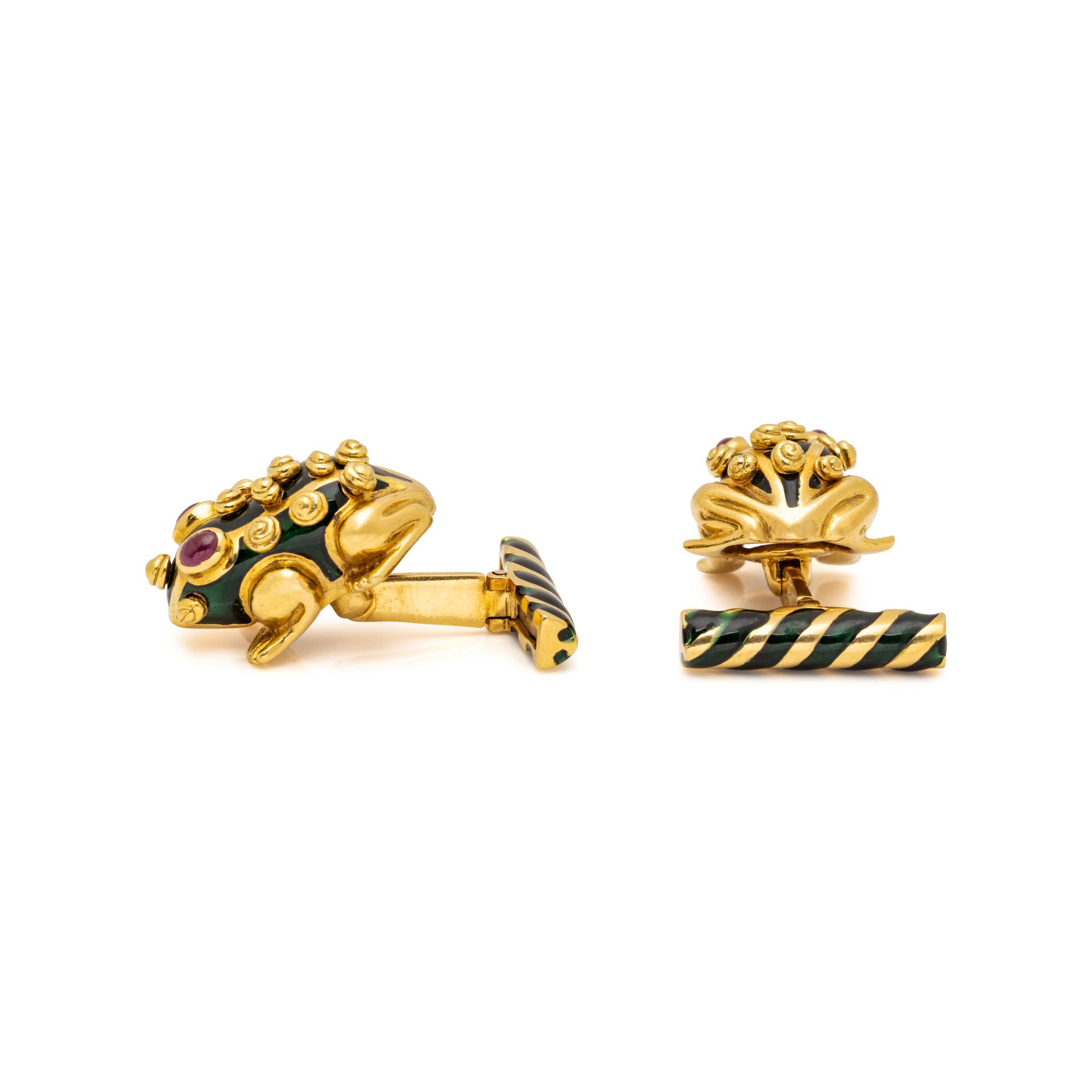 DAVID WEBB, YELLOW GOLD AND ENAMEL FROG CUFFLINKS