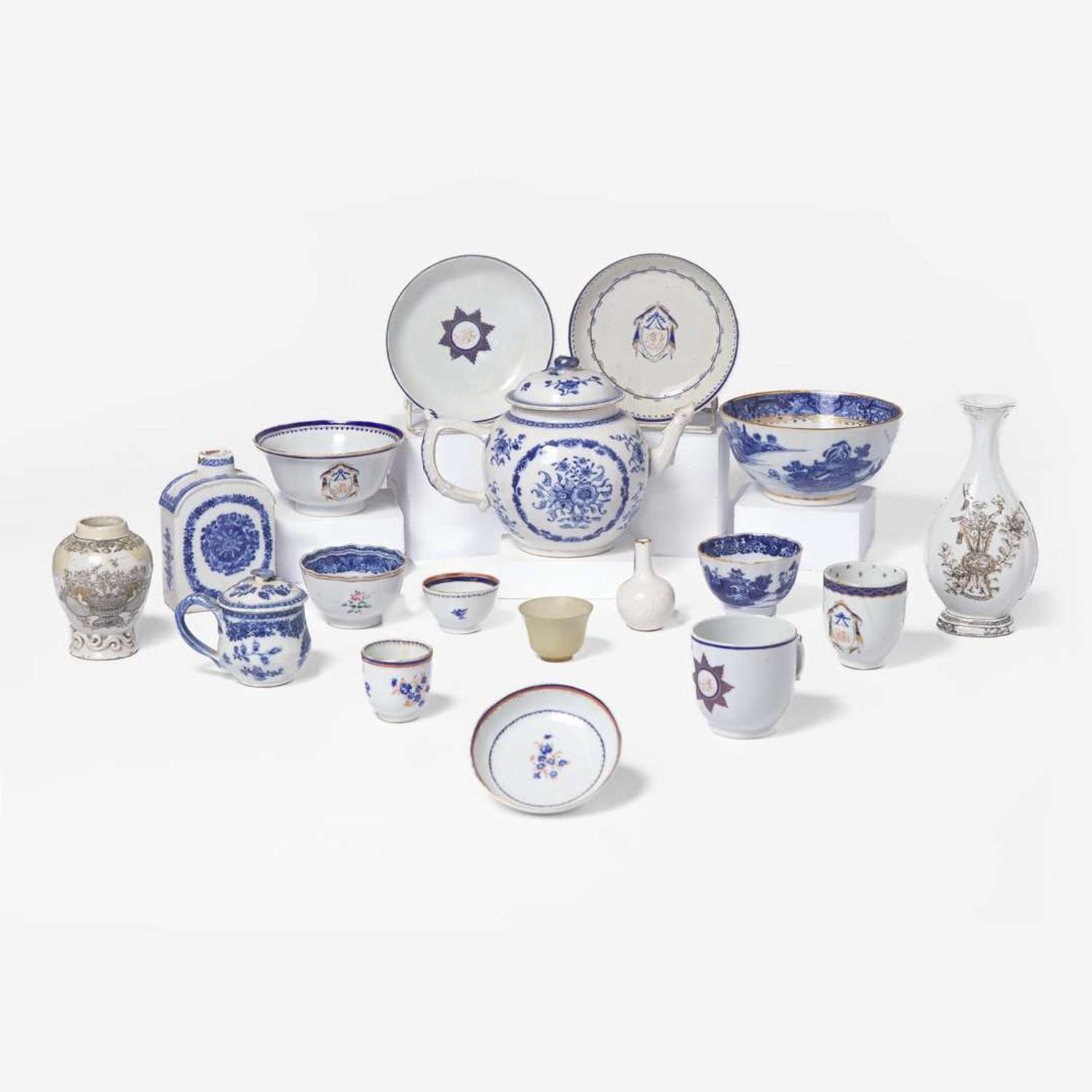 An assorted group of sixteen Chinese Export porcelain blue and white and grisaille tablewares late 18th / early 19th century