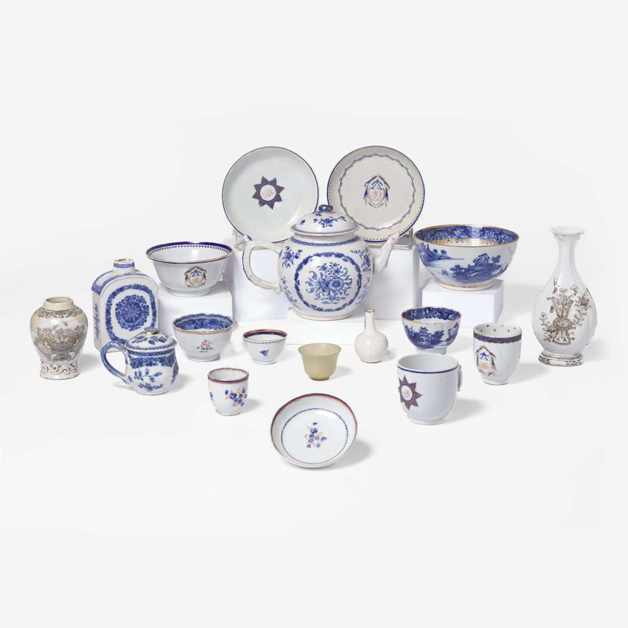 An assorted group of sixteen Chinese Export porcelain blue and white and grisaille tablewares late 18th / early 19th century