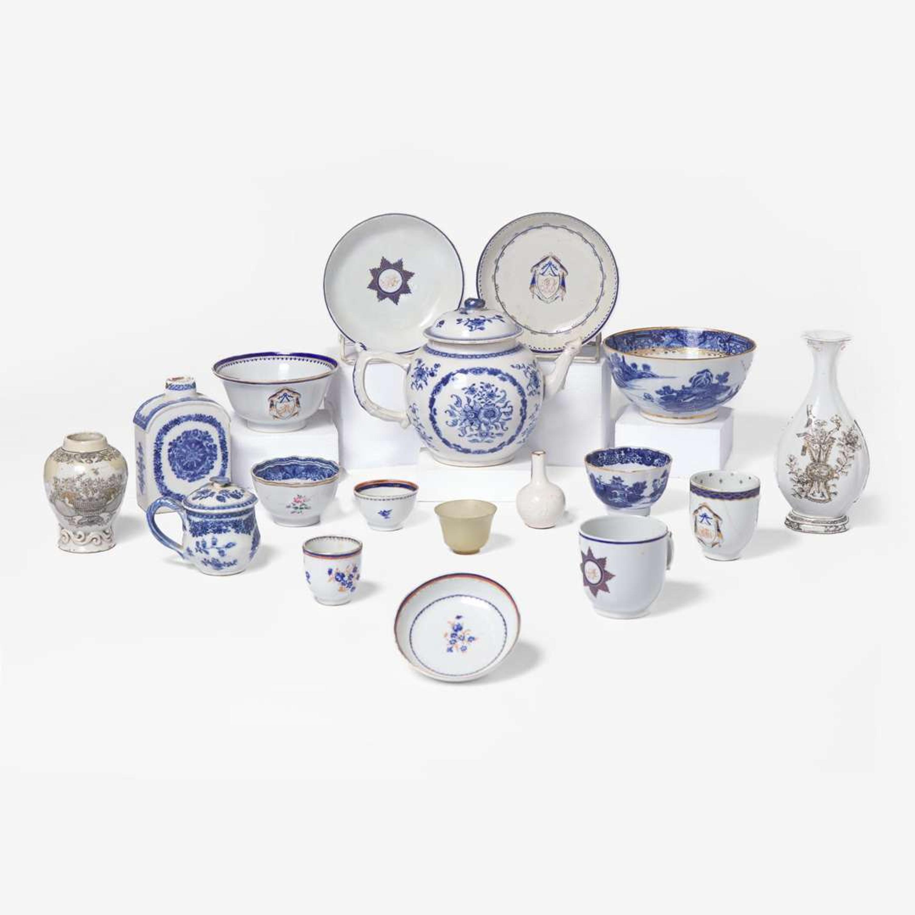 An assorted group of sixteen Chinese Export porcelain blue and white and grisaille tablewares late 18th / early 19th century