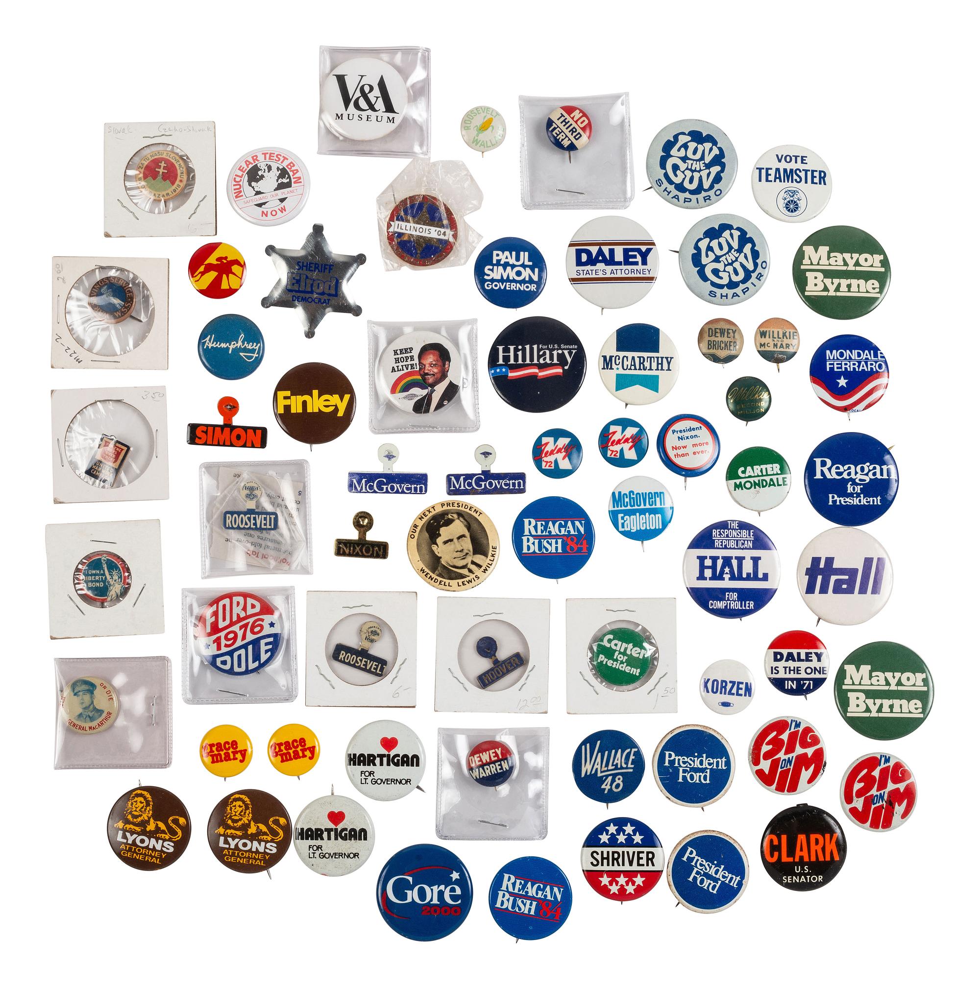 [POLITICS]. A group of over 100 political buttons, including: