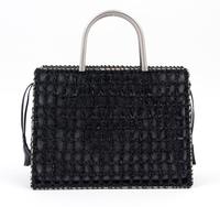 A Salvatore Ferragamo Black Leather Basket Weave Tote, 11" x 8" x 4.5"; Handle drop: 4".