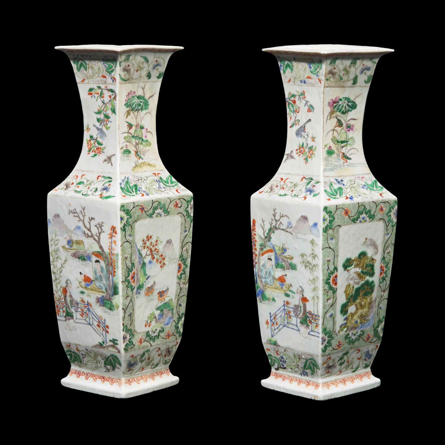 A Pair of Chinese Famille Rose Vases, Late Qing to Republic Period 清末民初 粉彩松鶴萬年四方賞瓶一對