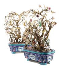 A Pair of Enamel Jardinieres With Hardstone Fruits Width 12 inches.