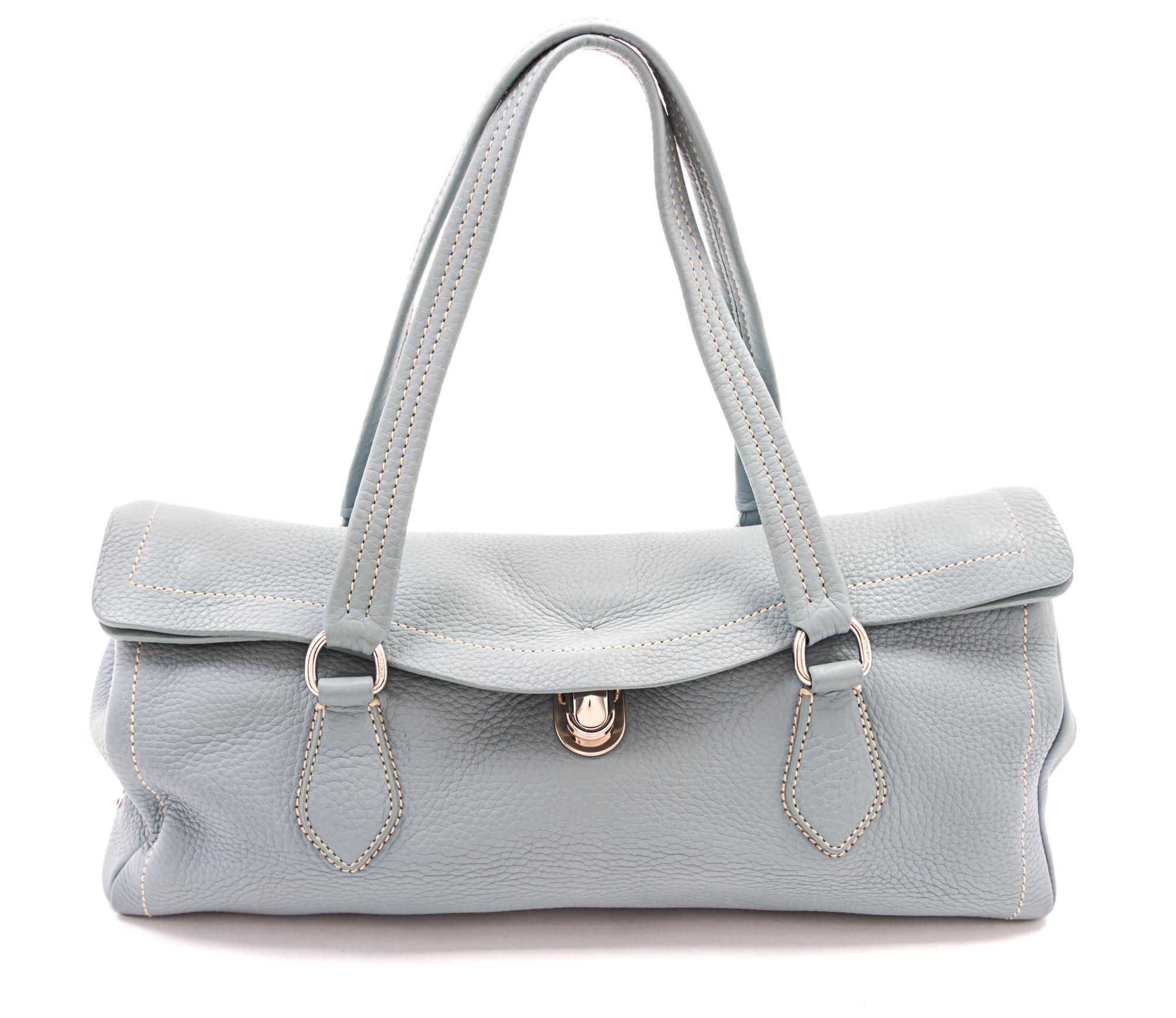 A Prada Light Blue Leather Bag, 13 1/2 x 9 x 4 inches.