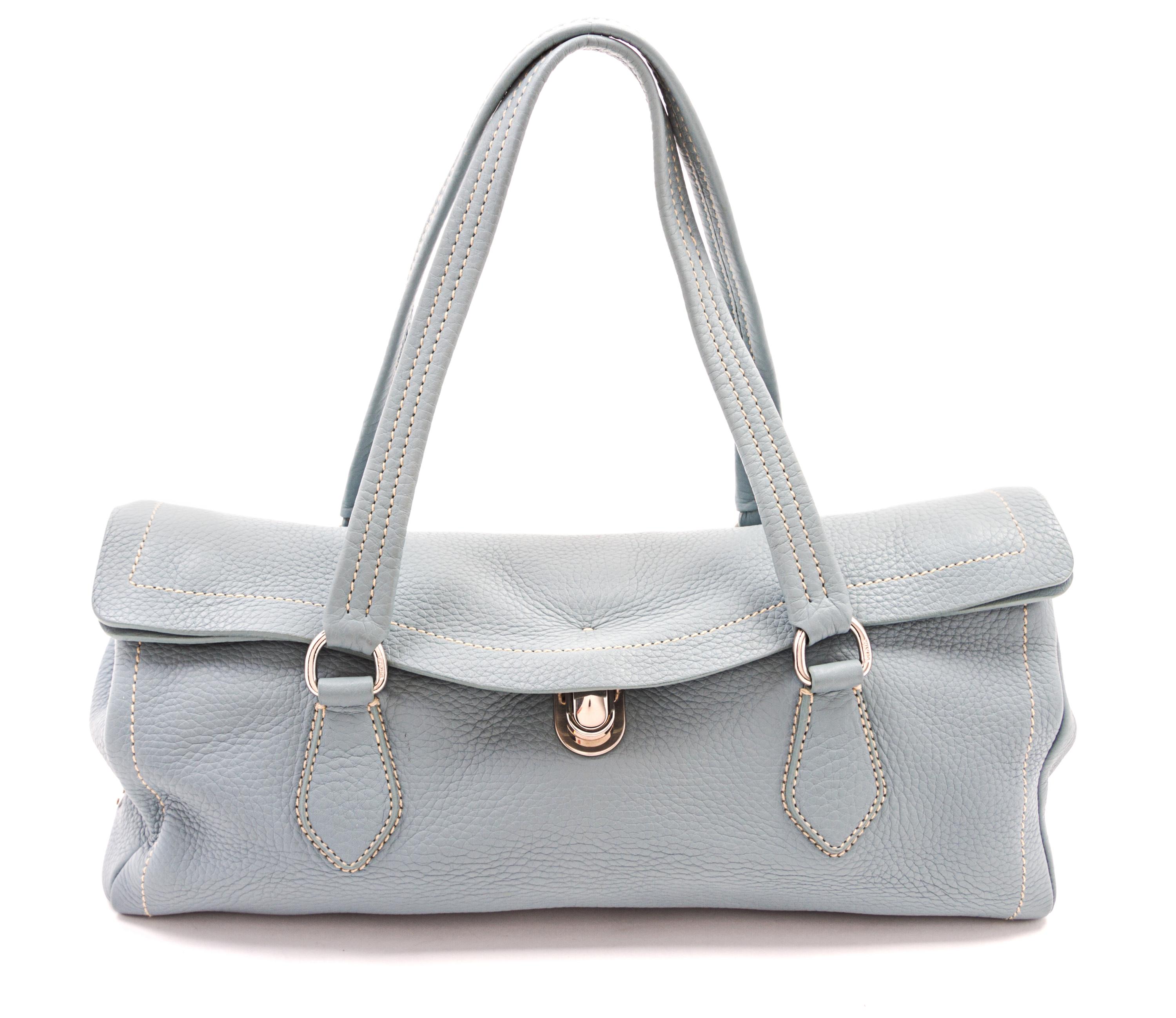 A Prada Light Blue Leather Bag, 13 1/2 x 9 x 4 inches.