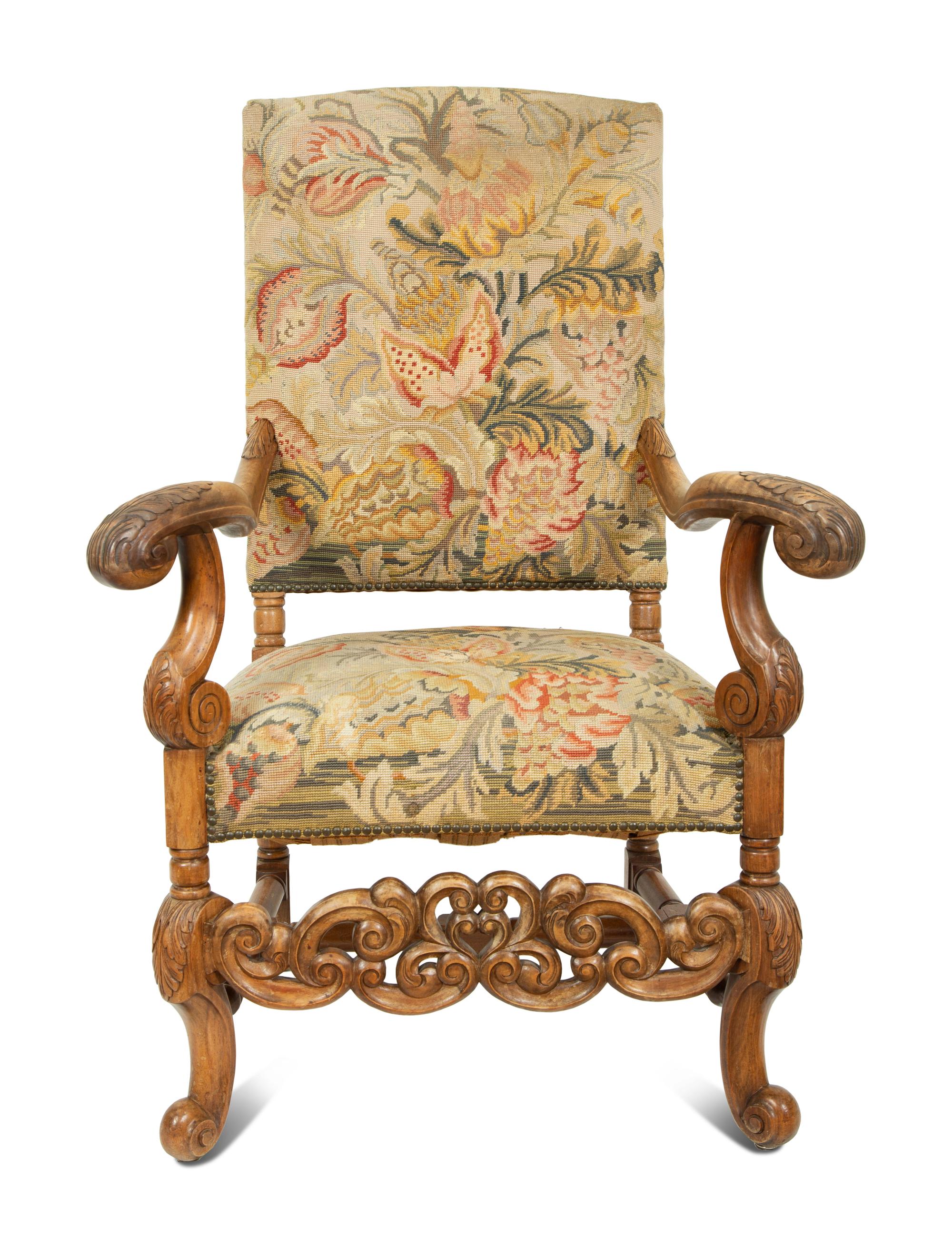A Regence Style Carved Oak High Back Armchair with Needlework Upholstered Back and Seat — 19TH CENTURY
