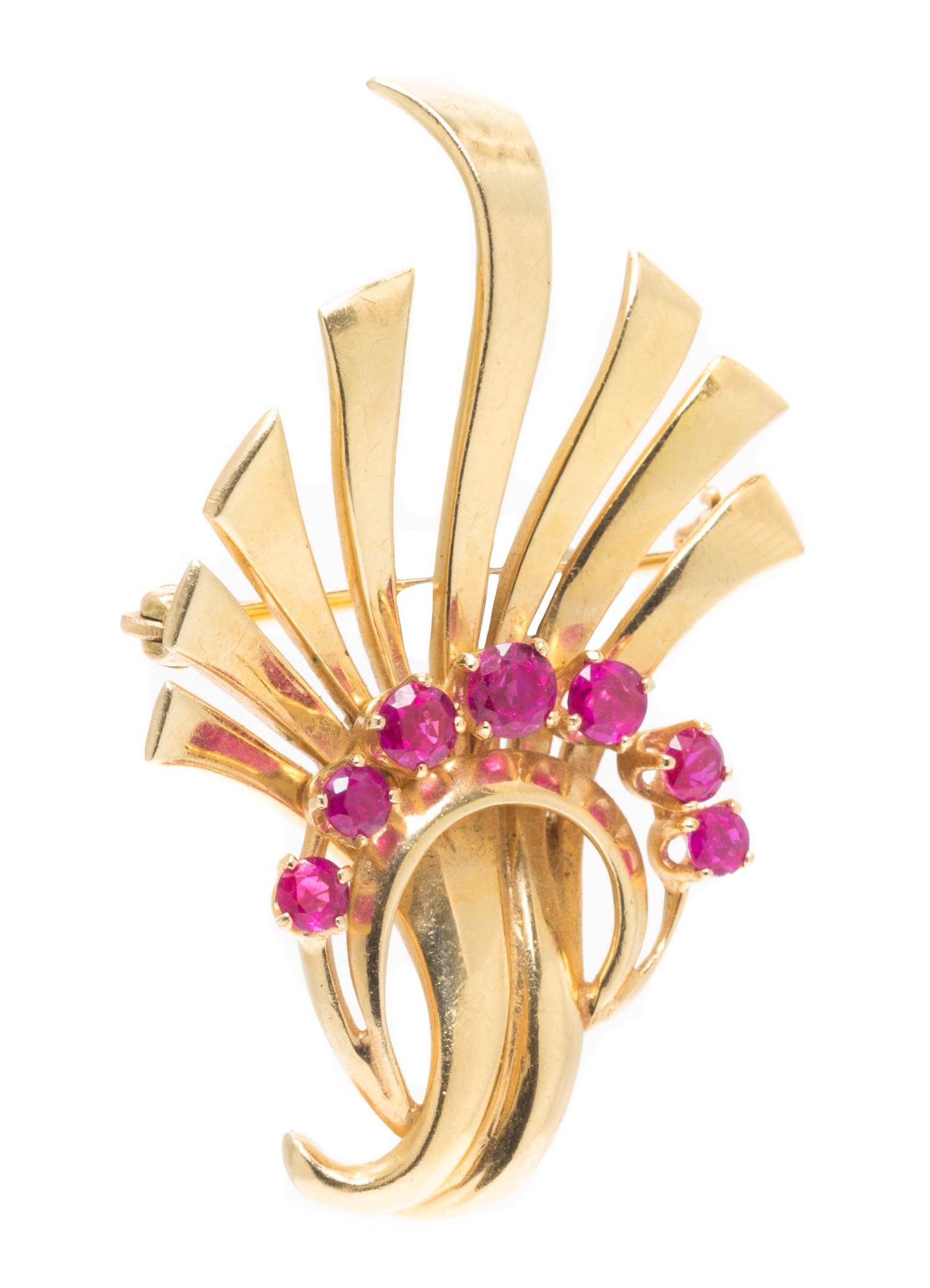 A Retro 14 Karat Yellow Gold Ruby Brooch, 8.30 dwts.