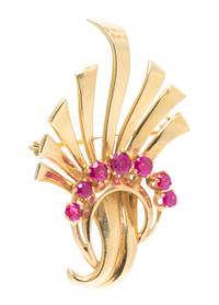 A Retro 14 Karat Yellow Gold Ruby Brooch, 8.30 dwts.