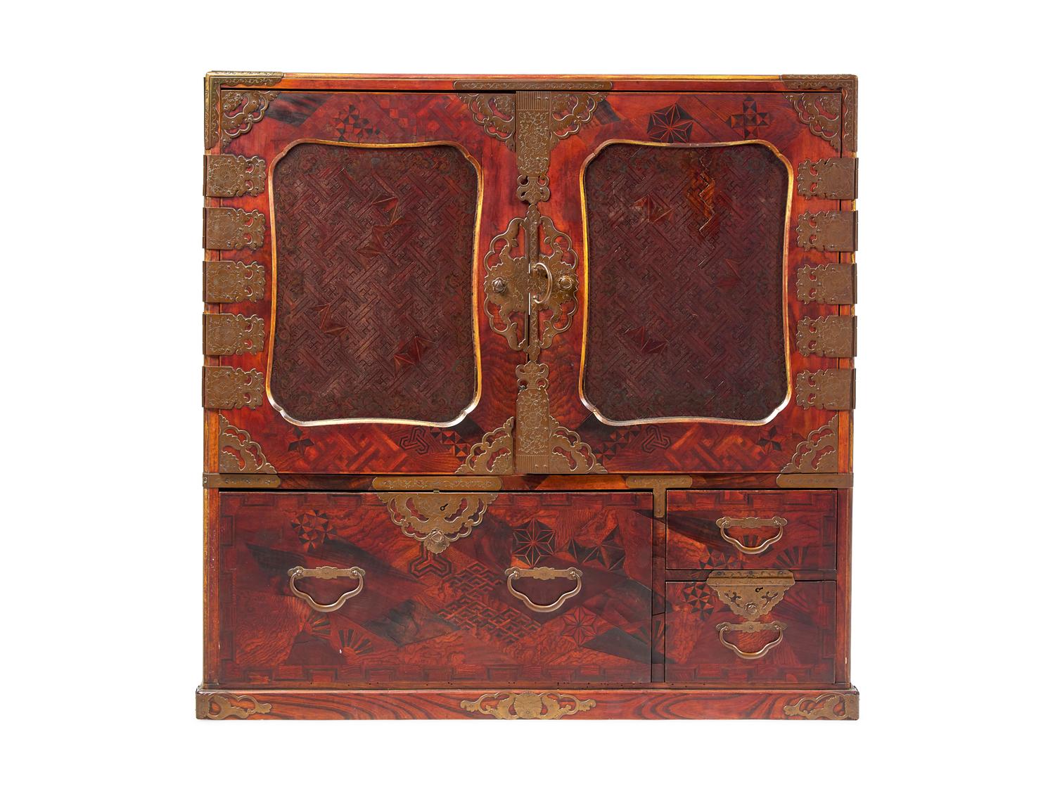 A Large Japanese Marquetry and Metal Mounted Cabinet, Meiji Period