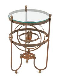 A Wrought Iron Glass-Top Side Table with a Gimbal Stretcher