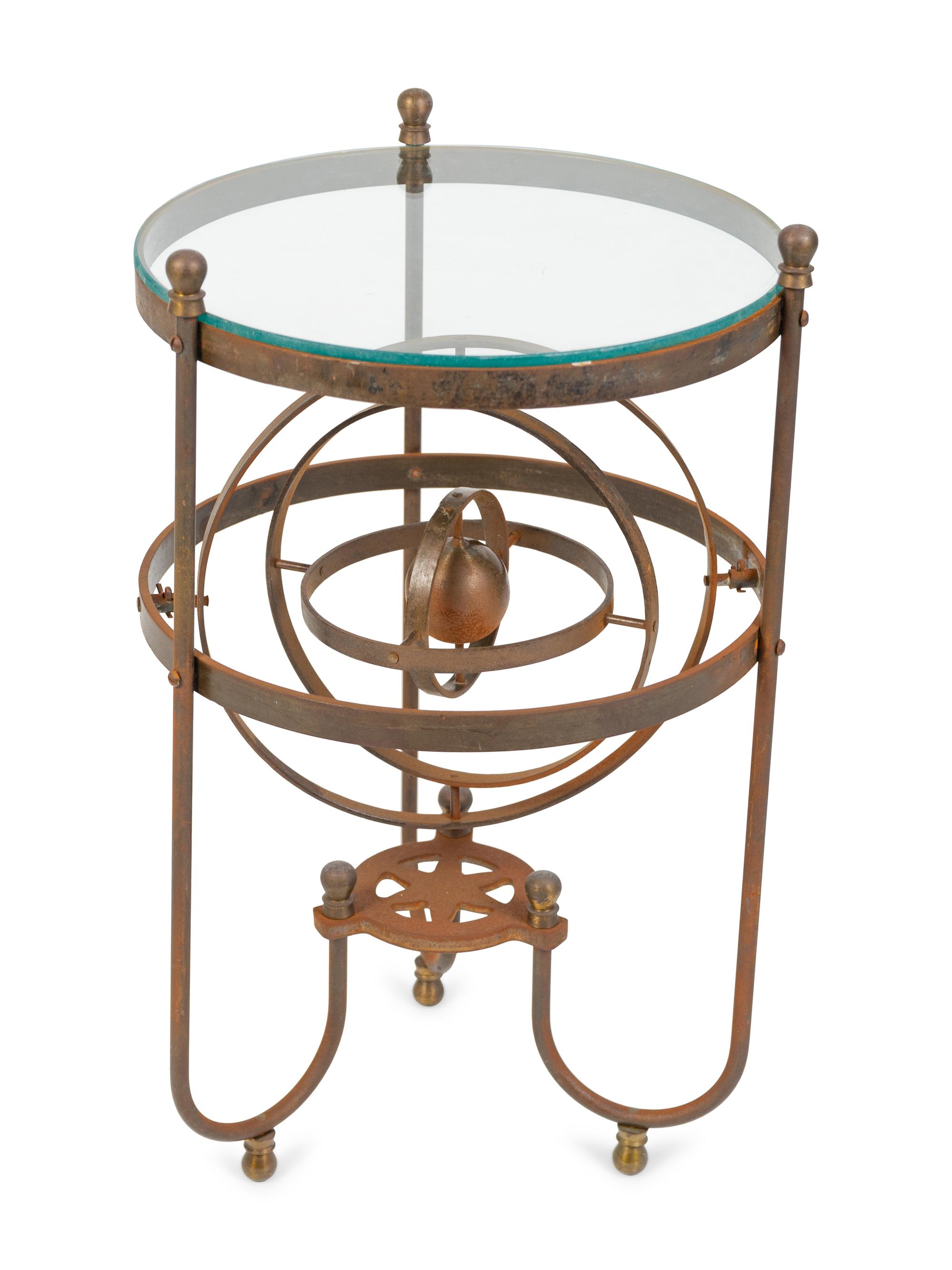 A Wrought Iron Glass-Top Side Table with a Gimbal Stretcher