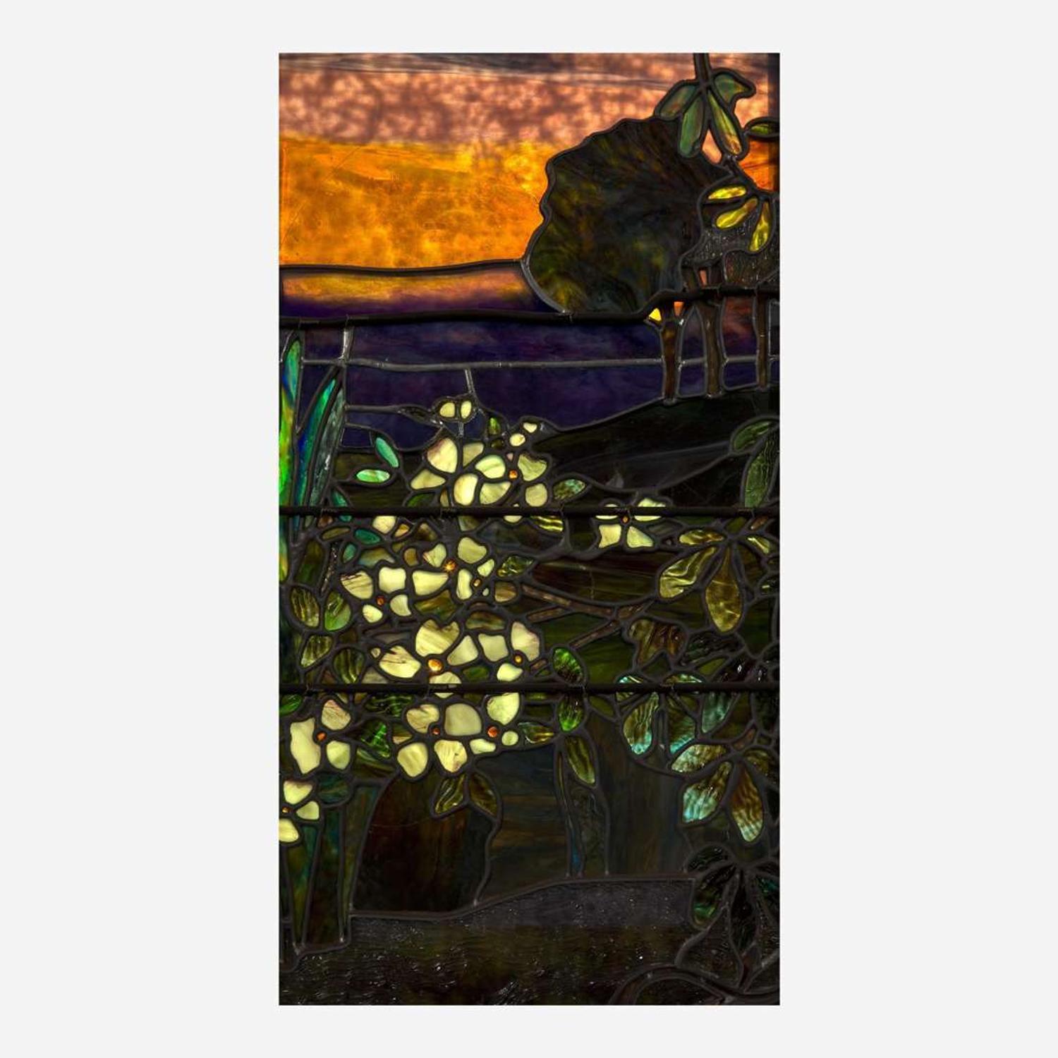 Tiffany Studios "Passionflower, Iris, and Mock Orange" Landscape Window, Probably the Dodd Memorial Window, St. Andrew's Episcopal Church, Meriden, Connecticut, circa 1892