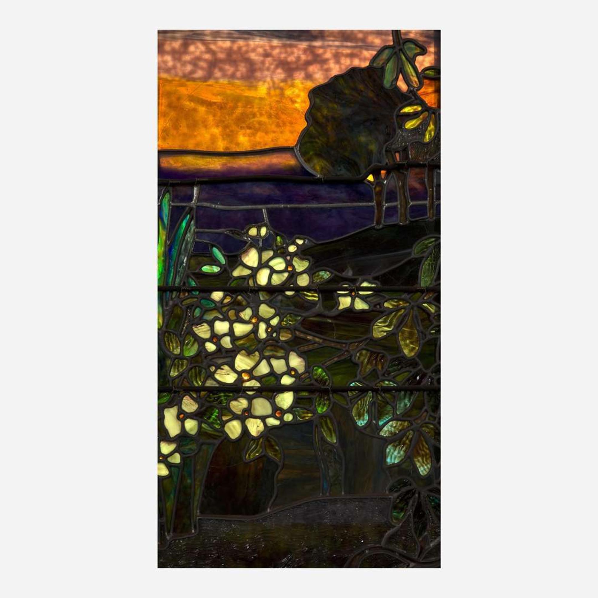 Tiffany Studios "Passionflower, Iris, and Mock Orange" Landscape Window, Probably the Dodd Memorial Window, St. Andrew's Episcopal Church, Meriden, Connecticut, circa 1892