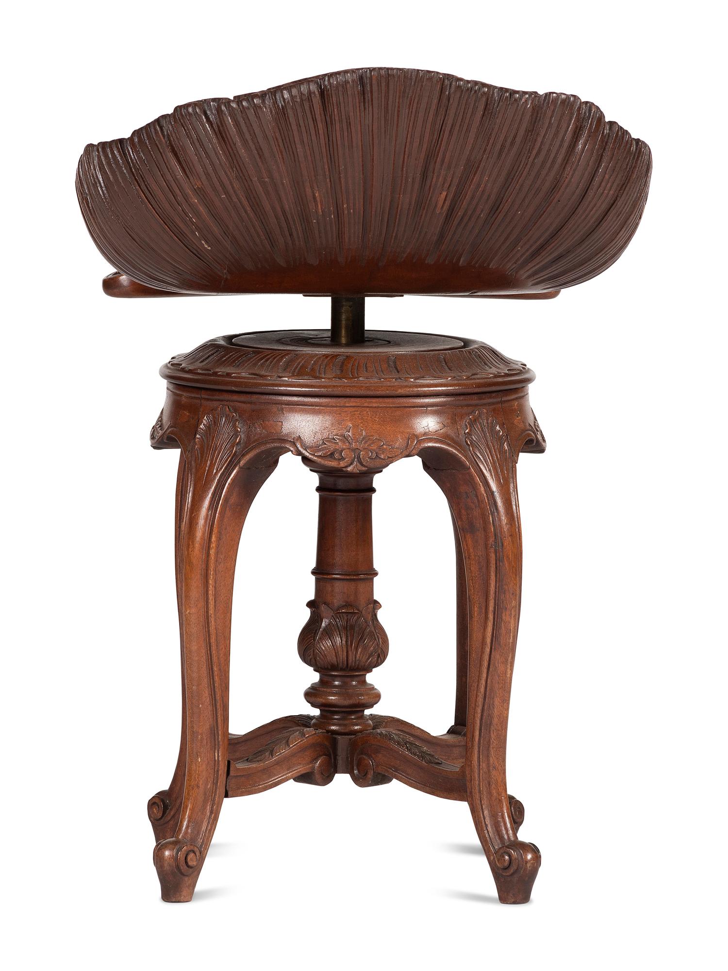 An Italian Grotto Shell-Carved Walnut Adjustable Music Stool