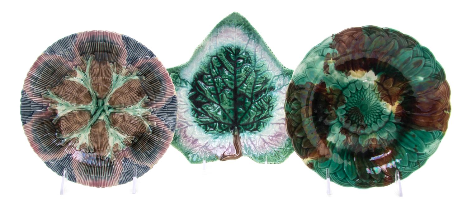 A Group of Majolica Articles, Diameter of first plate 8 inches.