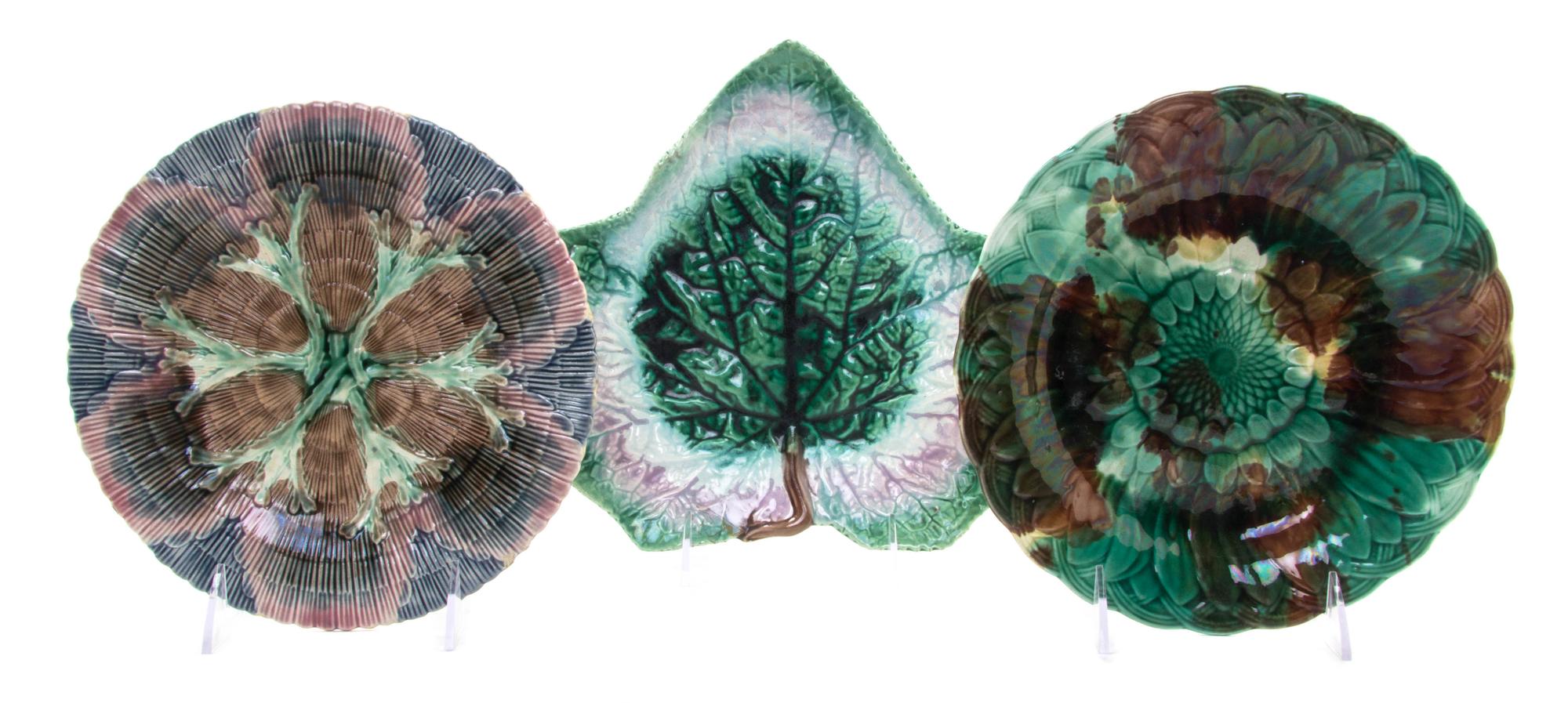 A Group of Majolica Articles, Diameter of first plate 8 inches.