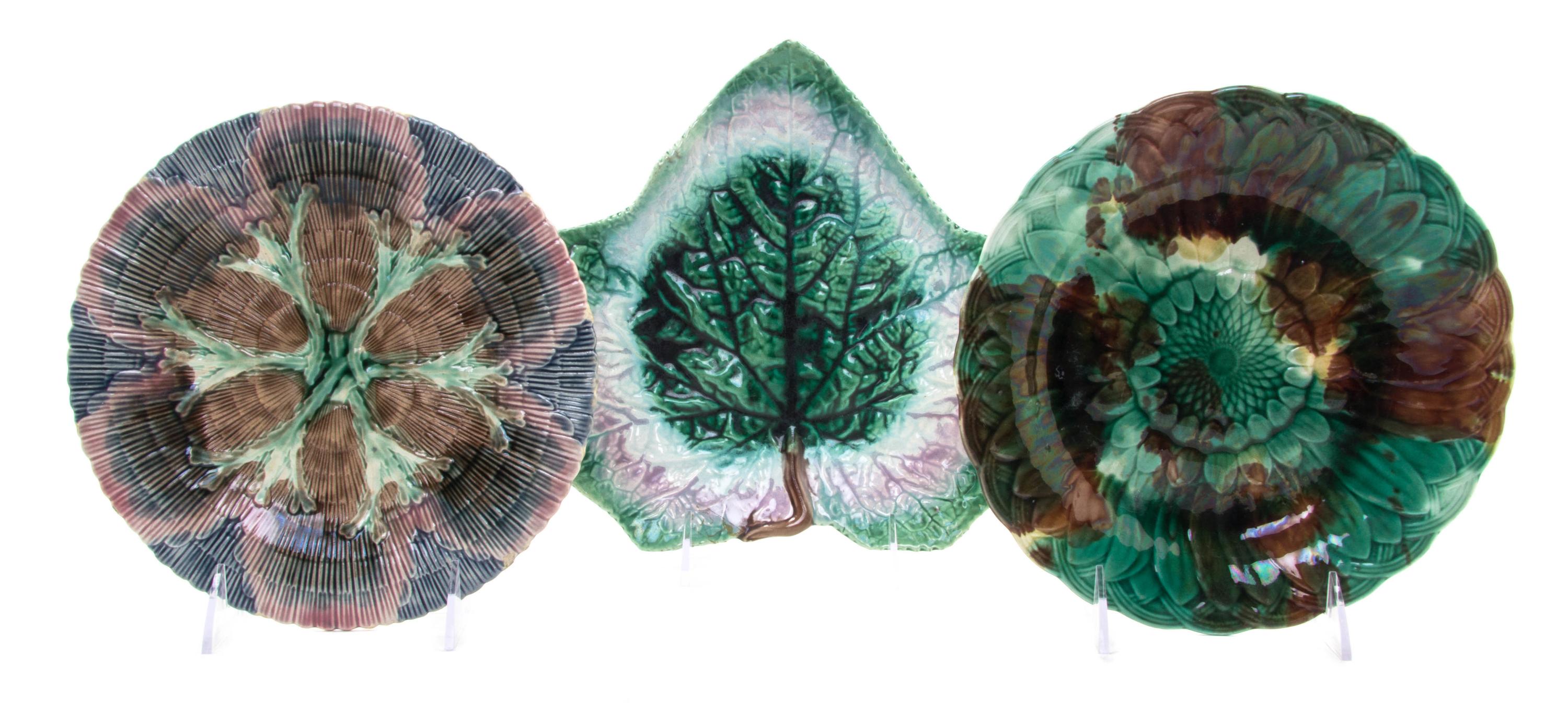 A Group of Majolica Articles, Diameter of first plate 8 inches.