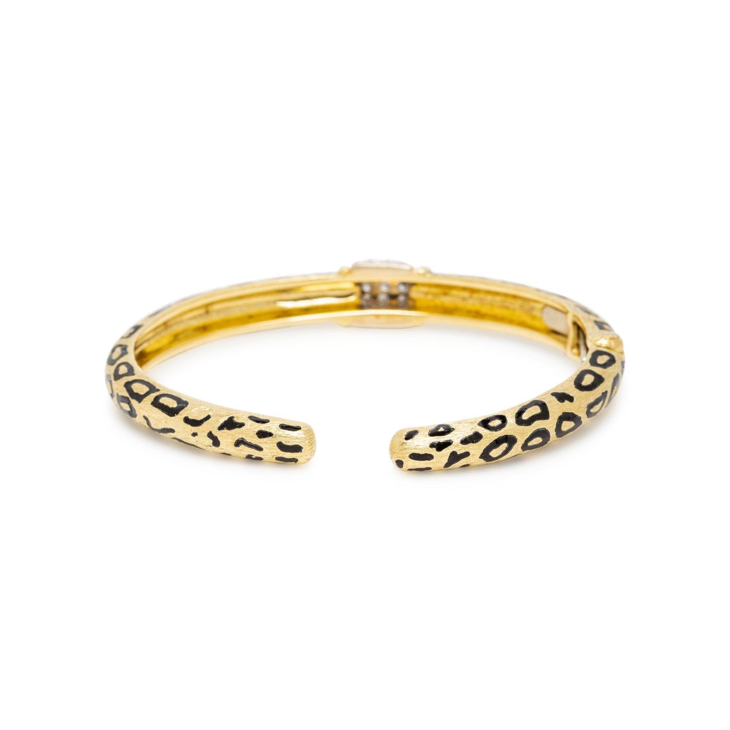 DIAMOND, ENAMEL, AND YELLOW GOLD LEOPARD PRINT CUFF BRACELET