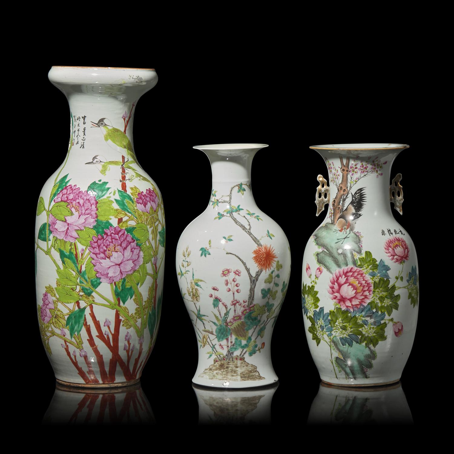 Three Chinese Famille Rose 'Bird and Flower' Vases 粉彩花鳥圖大瓶三件