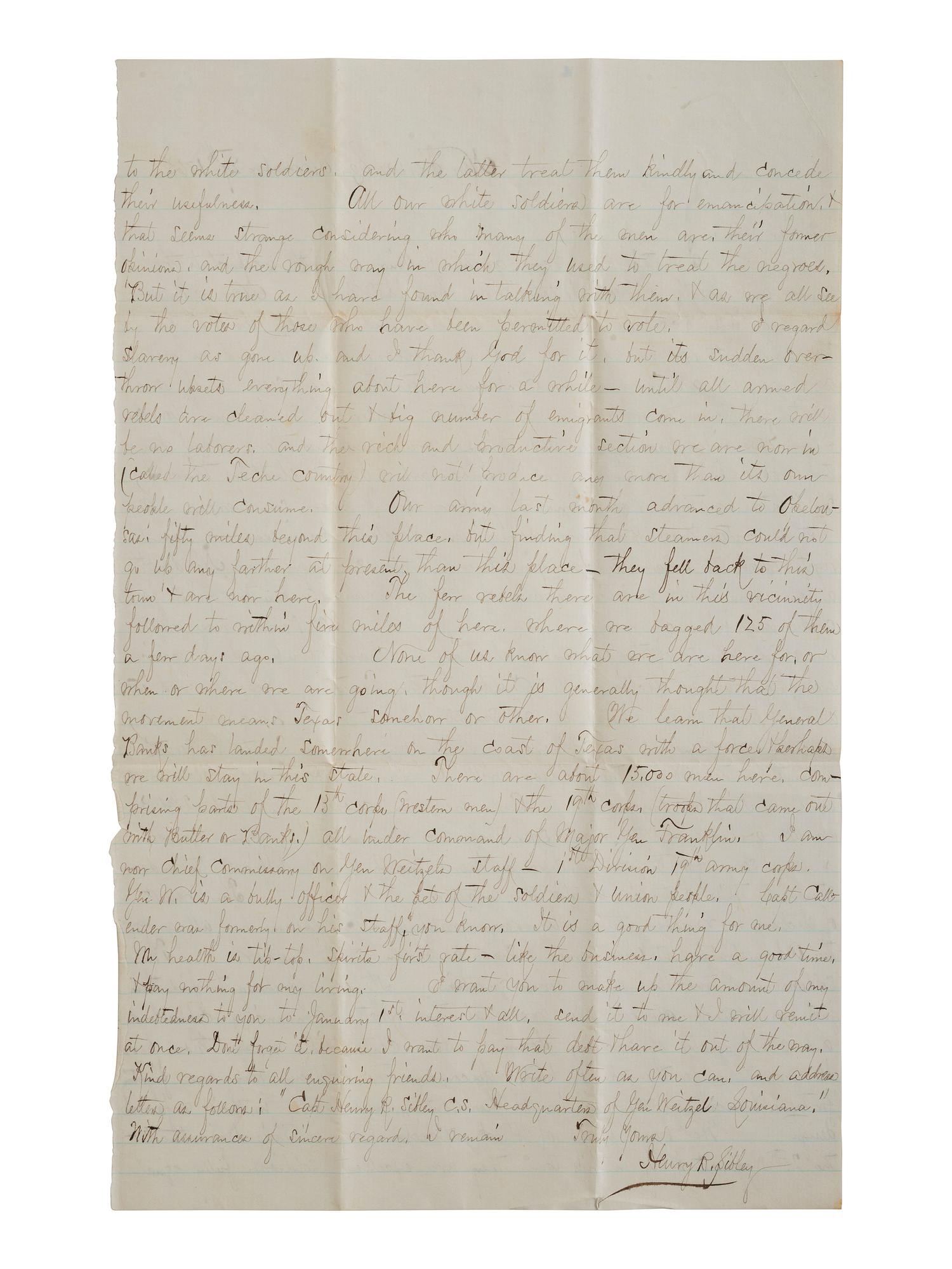 [CIVIL WAR]. Letter from Captain Henry R. Sibley in which he expresses his pro-Emancipation sentiments. New Iberia, Louisiana, 29 November 1863.