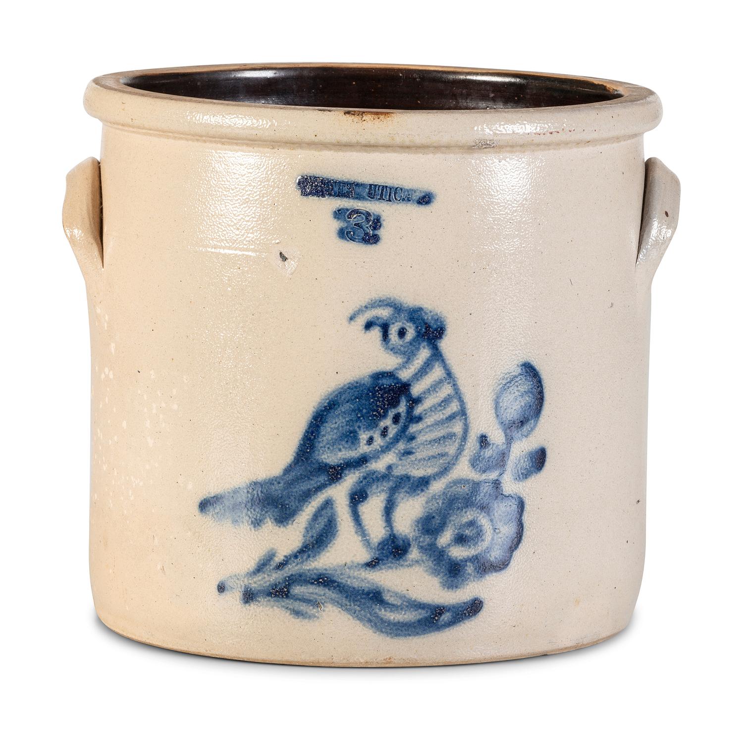 A Cobalt Decorated Stoneware 3-Gallon Quail and Flower Crock