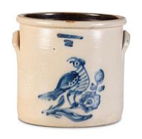 A Cobalt Decorated Stoneware 3-Gallon Quail and Flower Crock