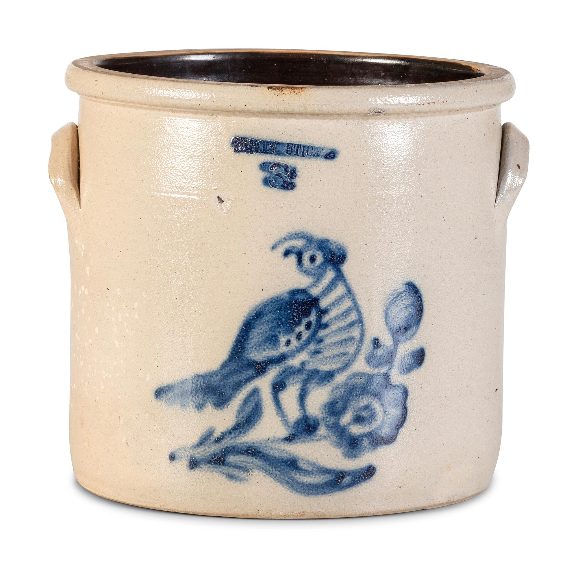 A Cobalt Decorated Stoneware 3-Gallon Quail and Flower Crock