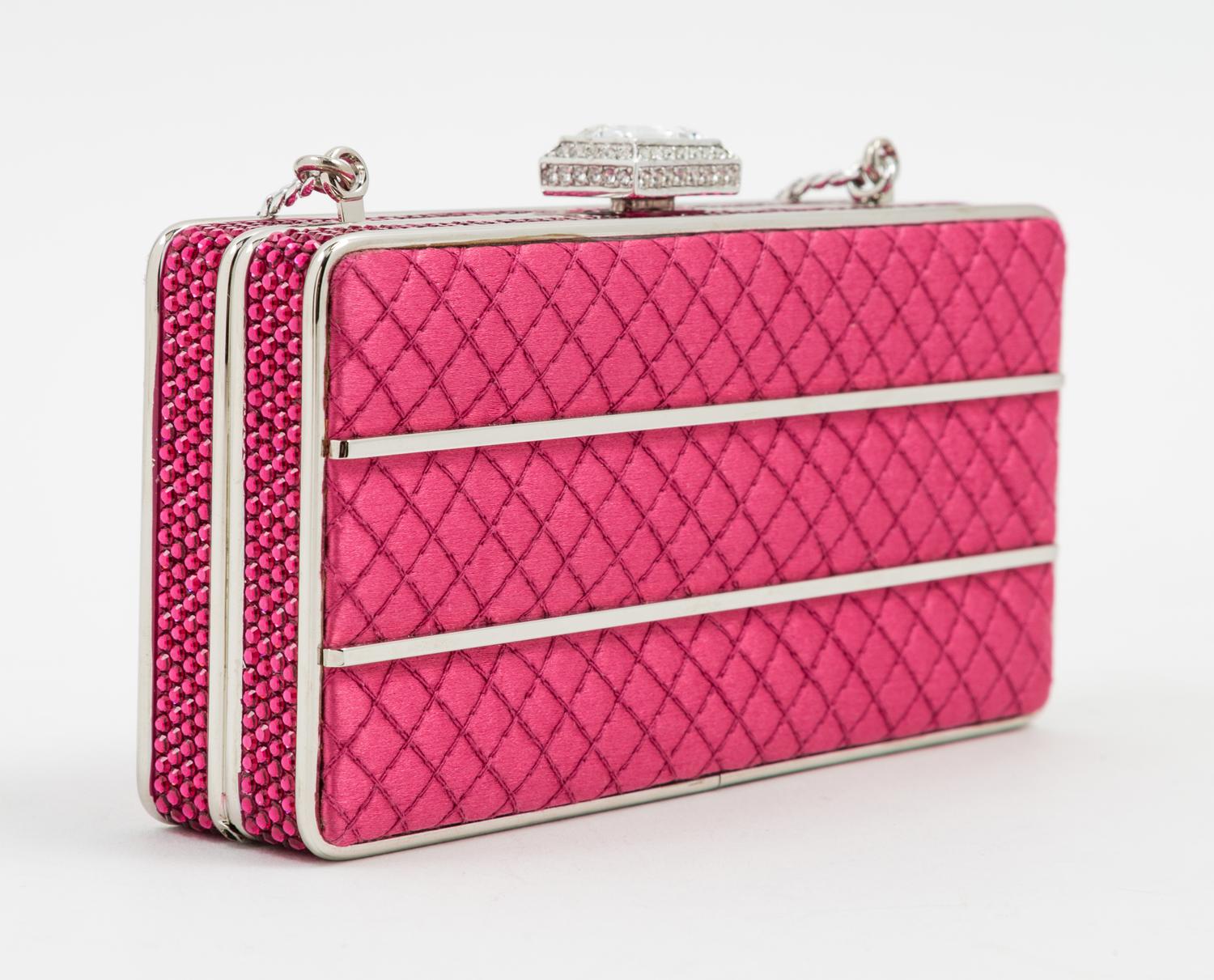 A Judith Leiber Pink Quilted and Rhinestone Rectangular Clutch, 5.5" x 2.75" x 1.5".