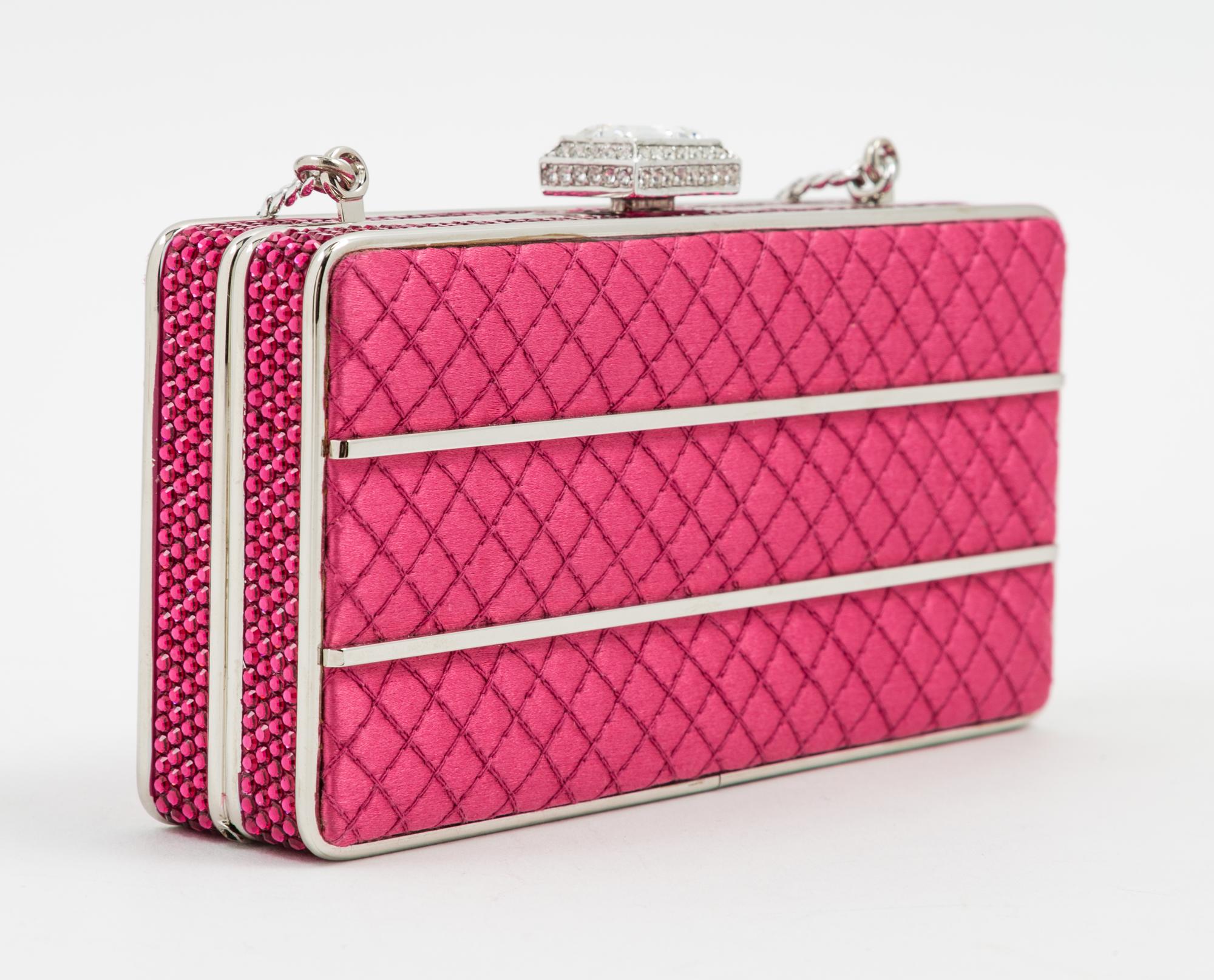 A Judith Leiber Pink Quilted and Rhinestone Rectangular Clutch, 5.5" x 2.75" x 1.5".