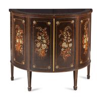 A Continental Polychrome Decorated Marble-Top Demilune Cabinet