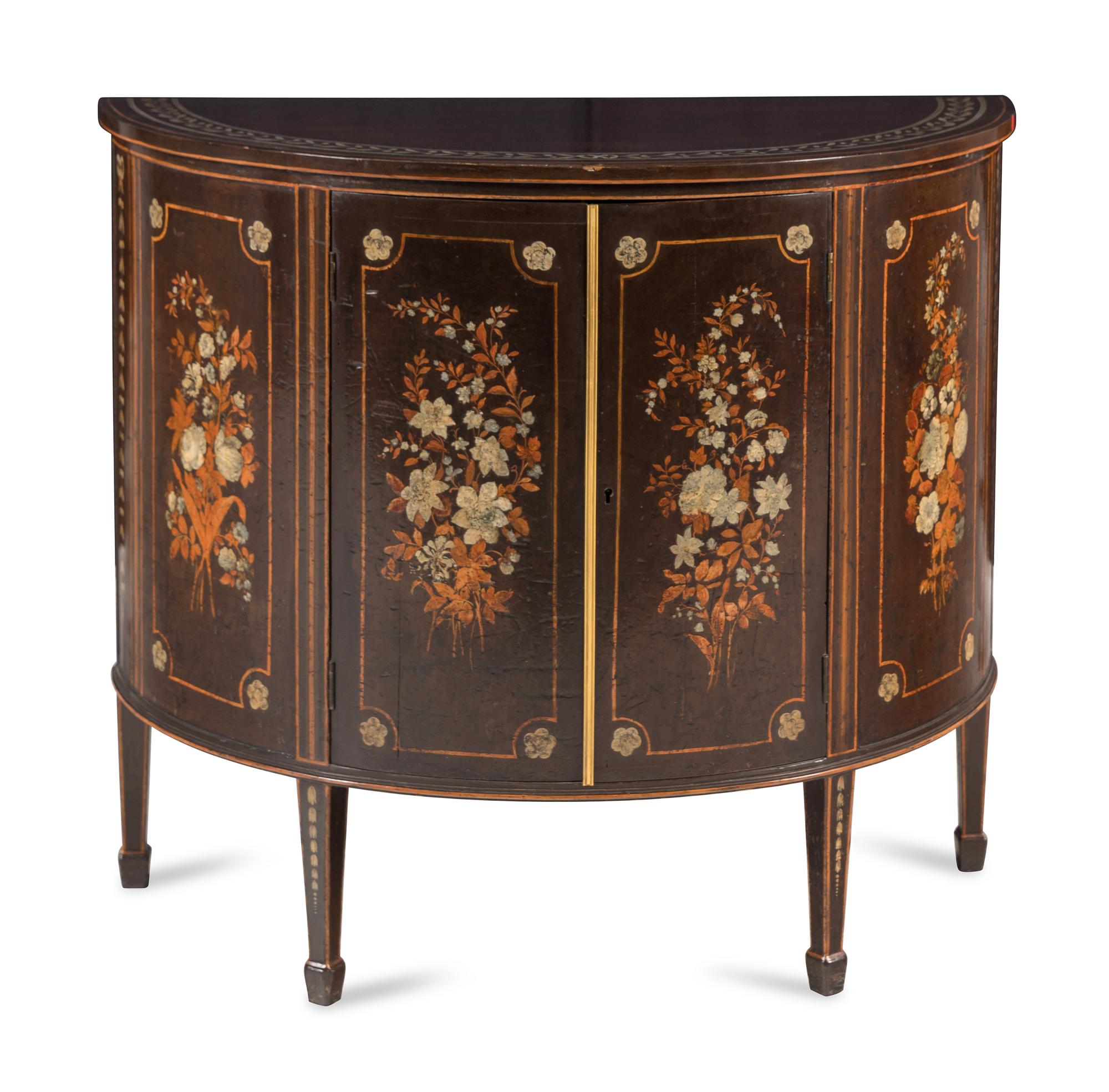 A Continental Polychrome Decorated Marble-Top Demilune Cabinet