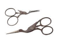 Two Pairs of Continental Steel Bird-Form Needlework Scissors in a Leather Case