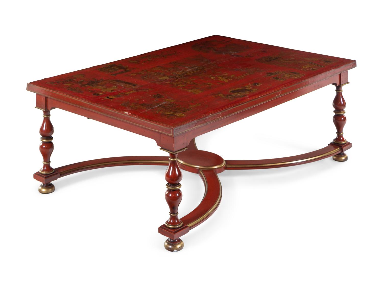 A Parcel Gilt and Red Lacquered Chinoiserie Decorated Low Table
