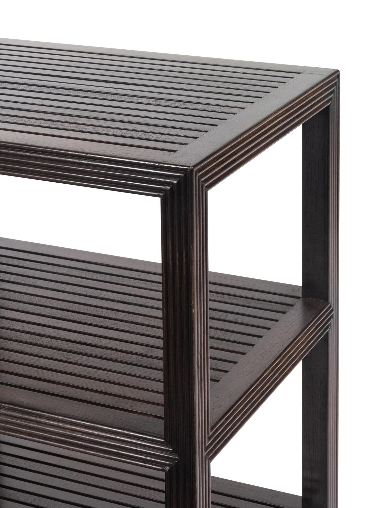 A Pair of Contemporary Stained Oak Three-Tier Console Tables