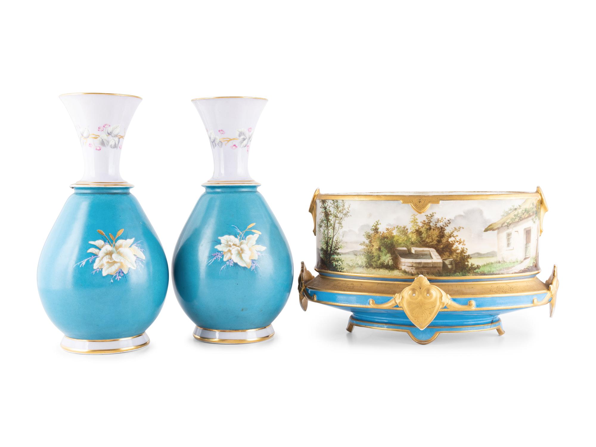 A Paris Porcelain Jardinière and Two Vases