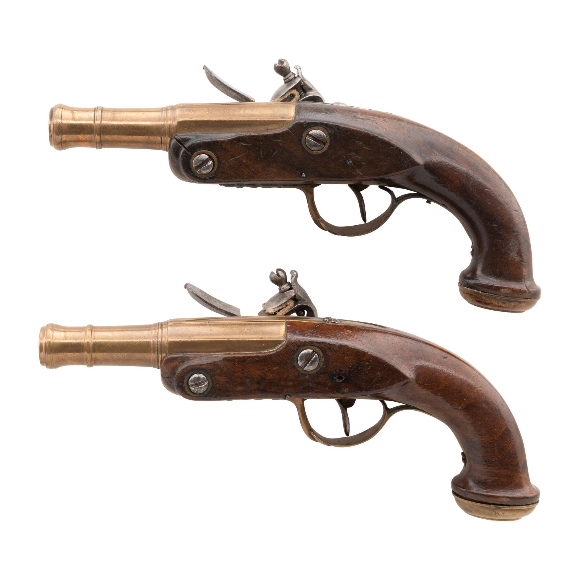 Pair of Unmarked Continental Brass Cannon Barrel Flintlock Muff Pistols