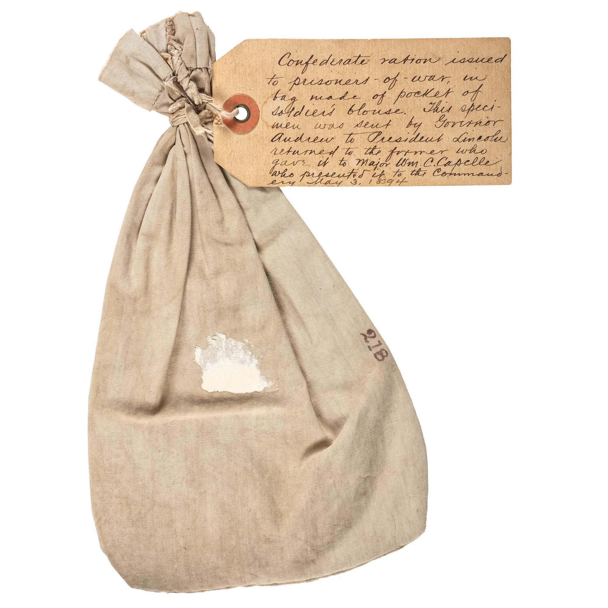 Union Prisoner of War ration bag and ration sent to President Abraham Lincoln and ultimately presented to the Military Order of the Loyal Legion of the United States.
