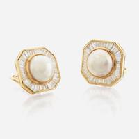 A pair of pearl, diamond and white gold earrings