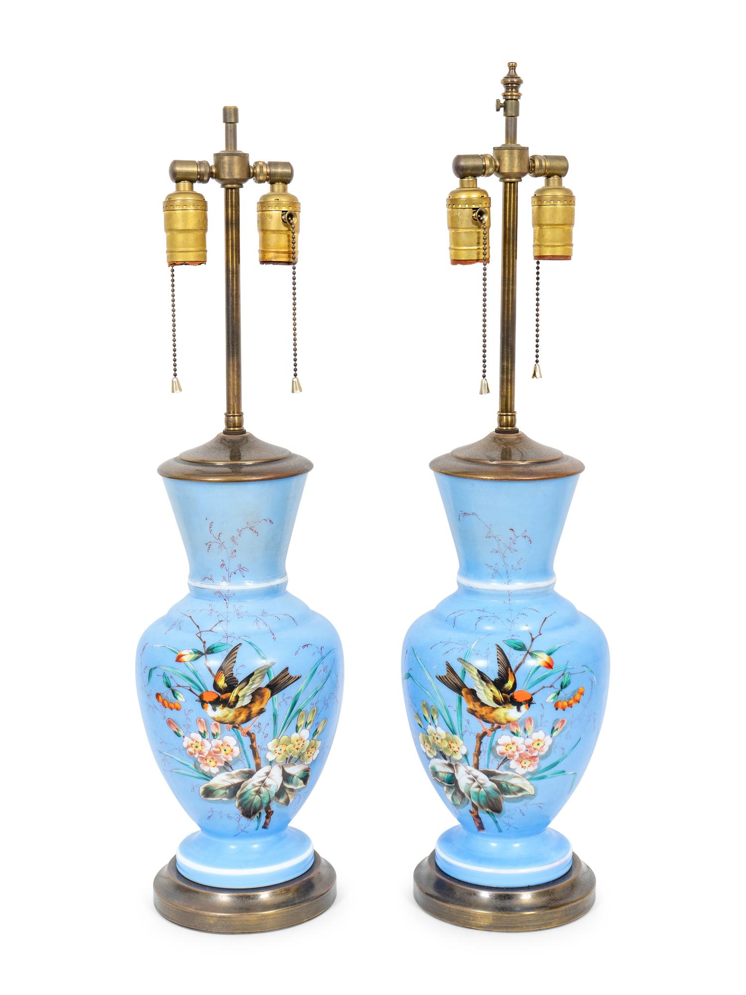 A Pair of French Painted Satin Glass Vases Mounted as Lamps