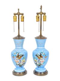 A Pair of French Painted Satin Glass Vases Mounted as Lamps