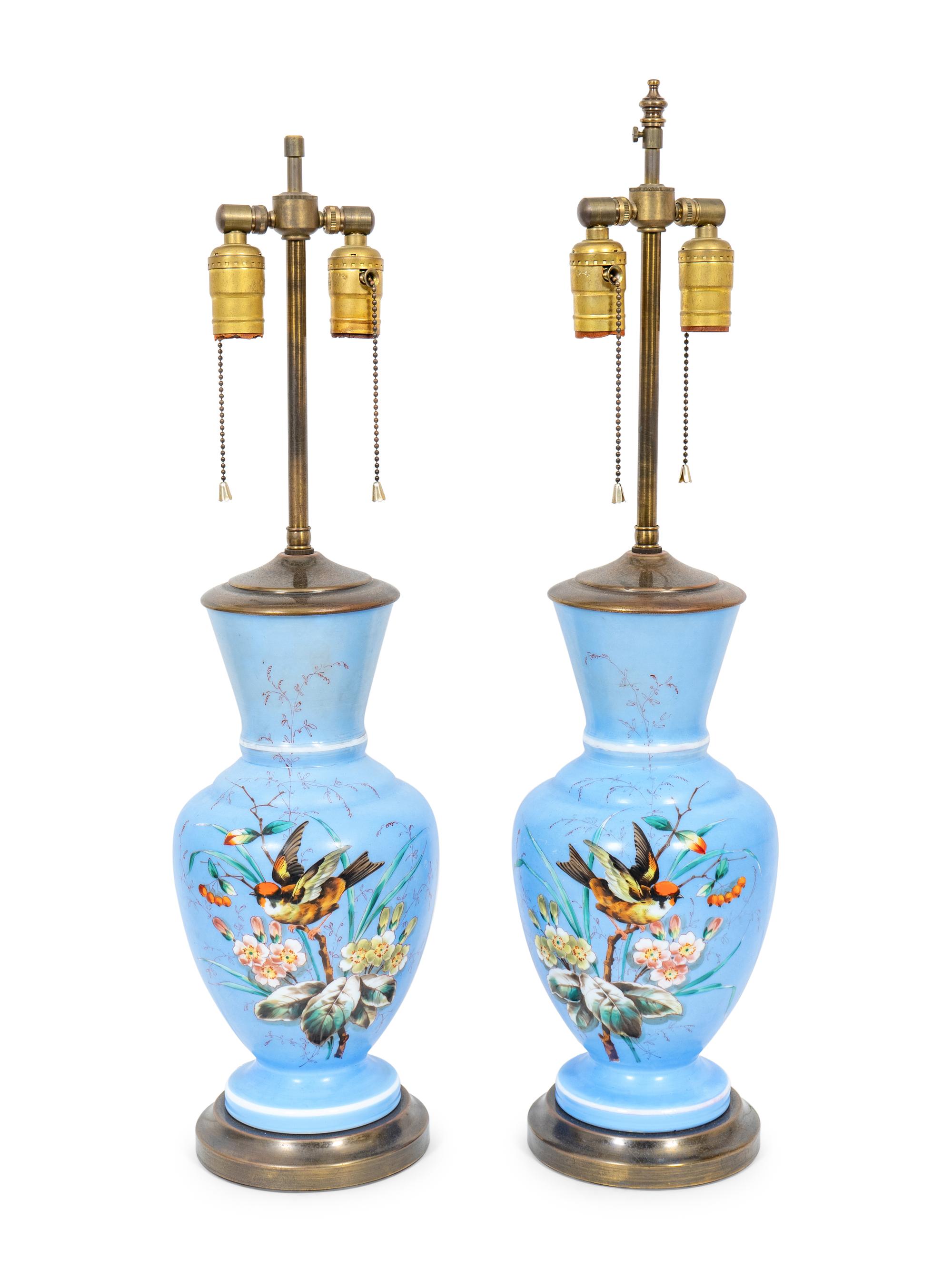 A Pair of French Painted Satin Glass Vases Mounted as Lamps