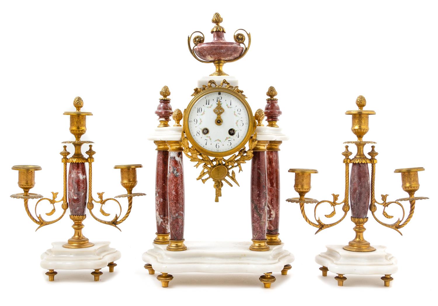 A French Gilt Metal Mounted Marble Clock Garniture Height of mantel clock 16 1/2 inches. — LATE 19TH/EARLY 20TH CENTURY