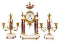 A French Gilt Metal Mounted Marble Clock Garniture Height of mantel clock 16 1/2 inches. — LATE 19TH/EARLY 20TH CENTURY
