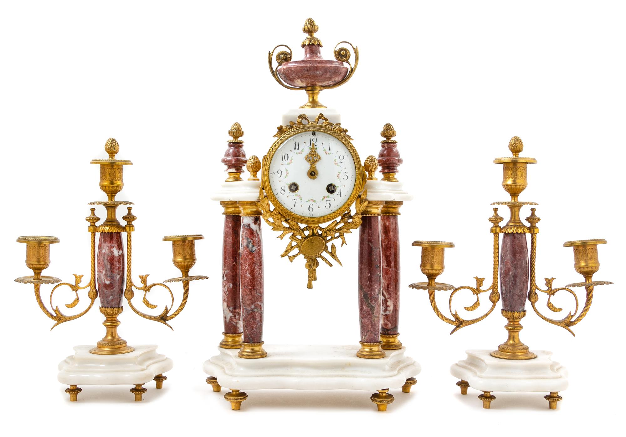 A French Gilt Metal Mounted Marble Clock Garniture Height of mantel clock 16 1/2 inches. — LATE 19TH/EARLY 20TH CENTURY
