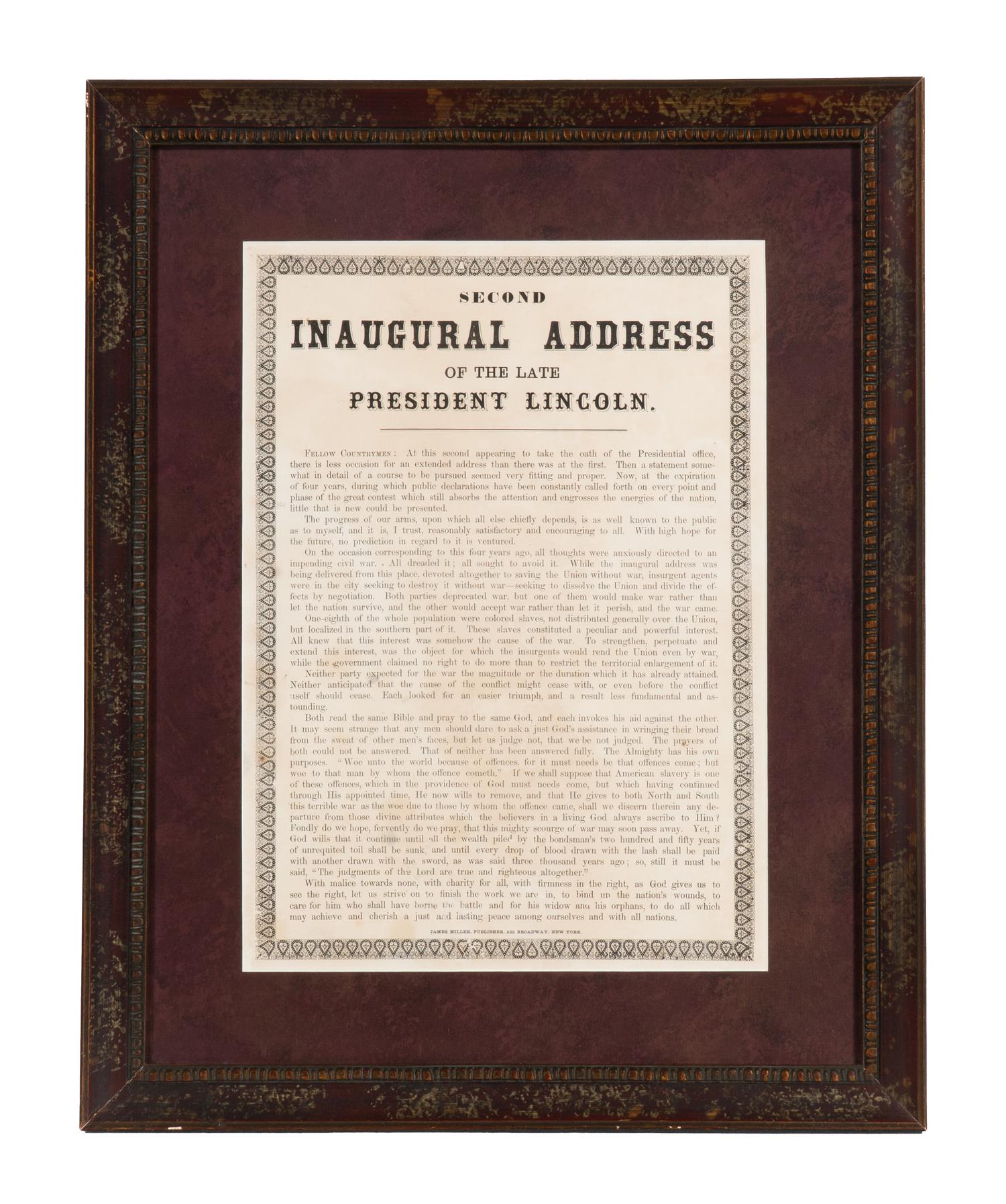[LINCOLN, Abraham (1809-1865)] . Second Inaugural Address of the Late President Lincoln. New York: James Miller, [1865].