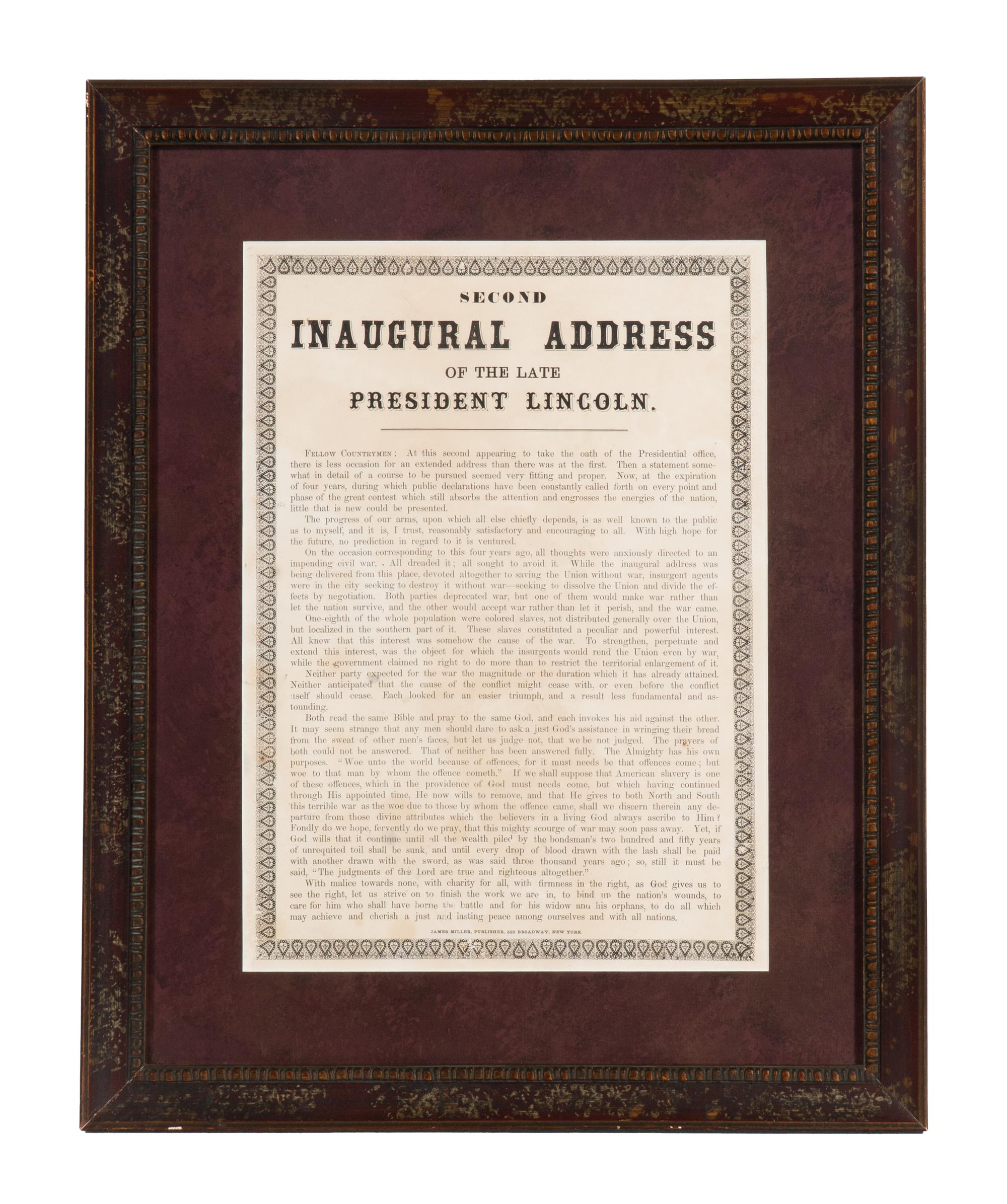 [LINCOLN, Abraham (1809-1865)] . Second Inaugural Address of the Late President Lincoln. New York: James Miller, [1865].